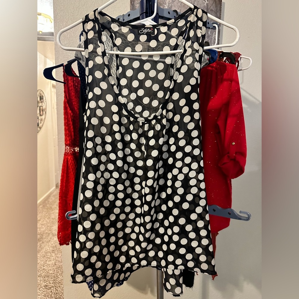 Sheer black with white polka dotted blouse